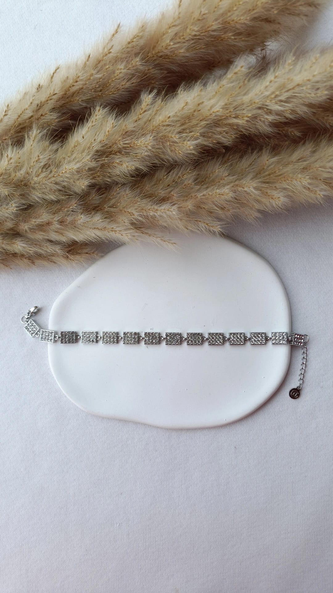 Pulseira de Aço Prateado de Inspiração Swarovski de Retângulos com Brilhantes