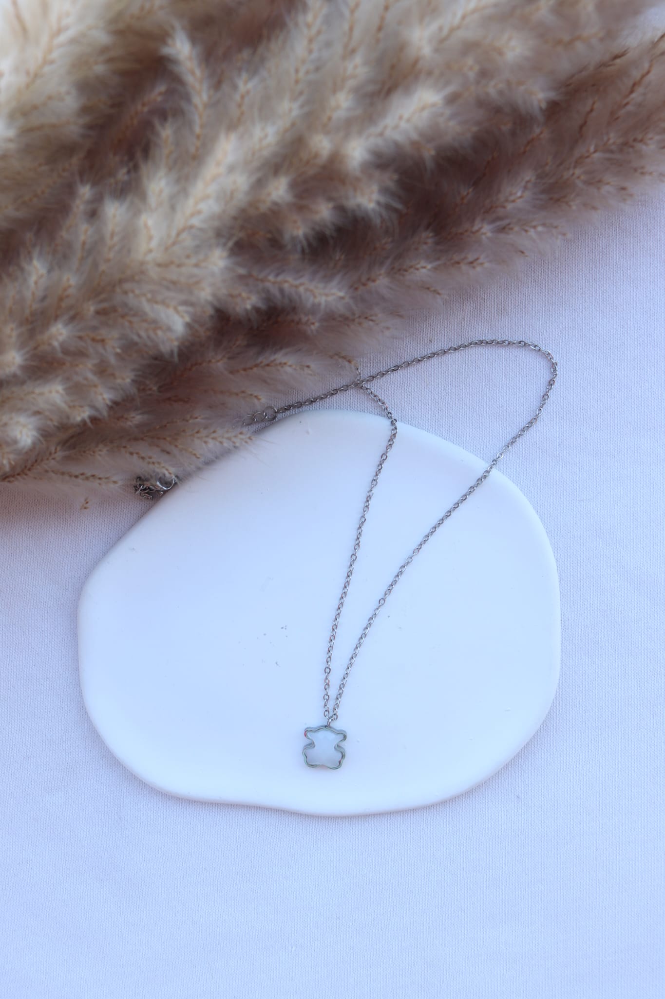 Colar de Aço Prateado de Urso Branco Madrepérola Inspiração Tous