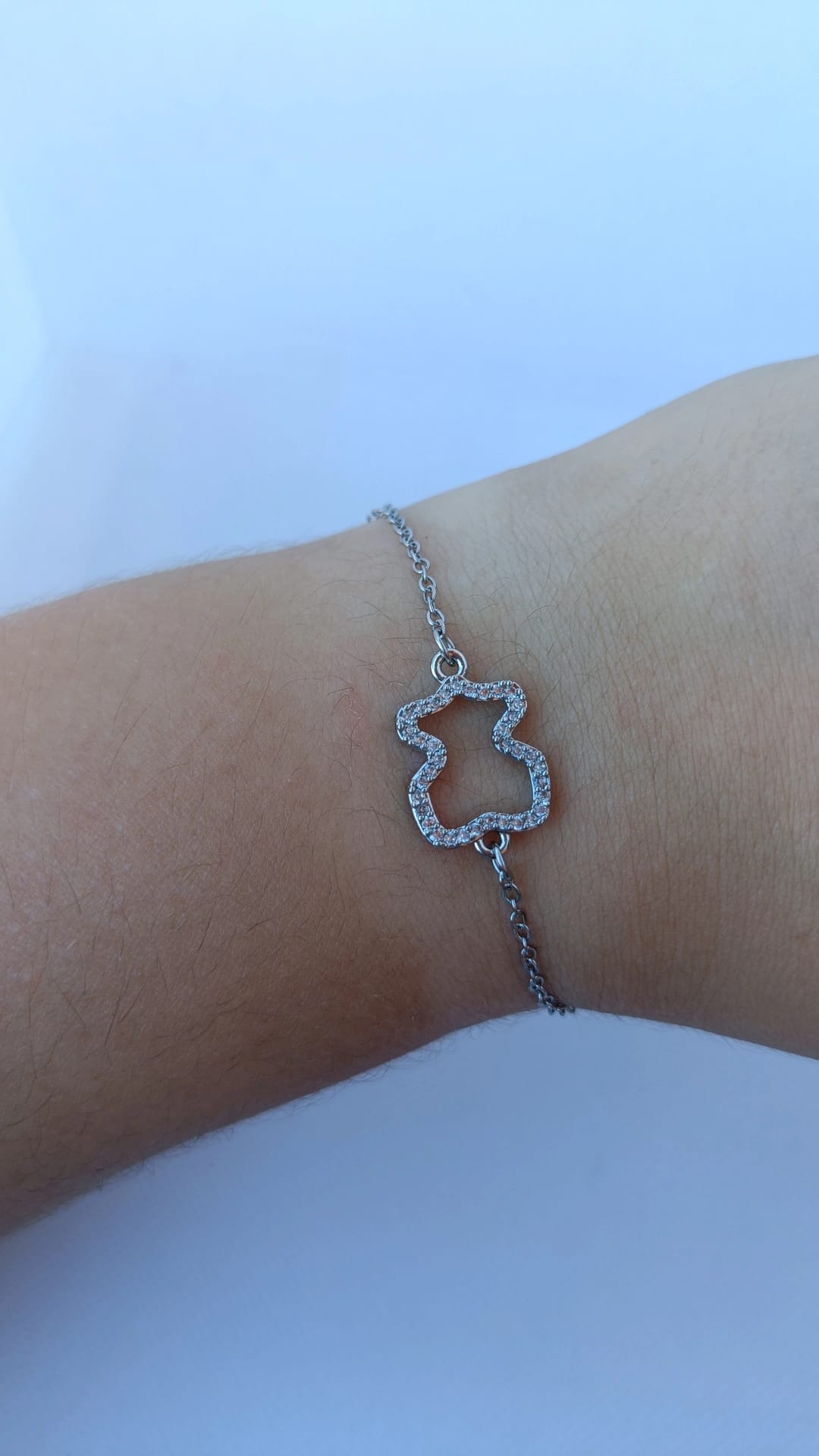 Pulseira de Aço Prateado de Urso com Brilhantes