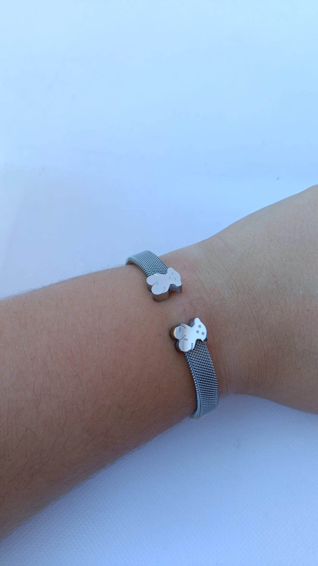 Pulseira de Aço Prateado Rígida de 2 Ursos