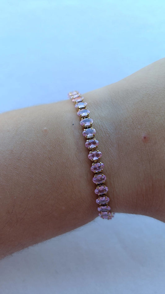 Pulseira de Aço Dourado Inspiração Swarovski com Zircônias Rosa