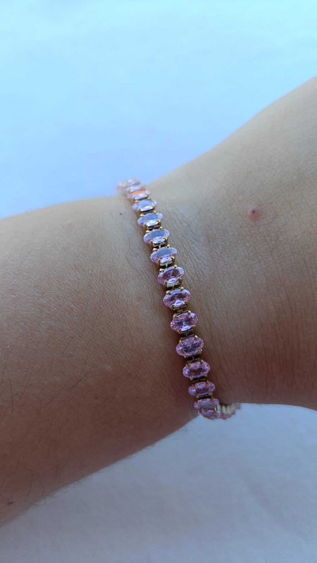 Pulseira de Aço Dourado Inspiração Swarovski com Zircônias Rosa