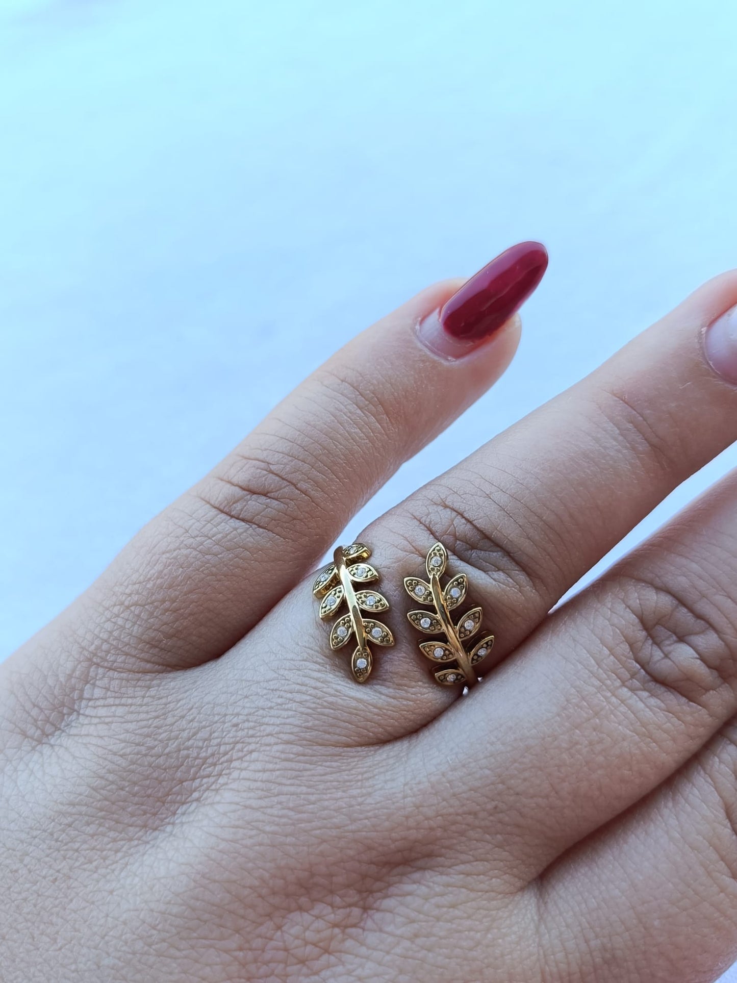 Anel de Aço Dourado de Duas Folhas com Brilhantes