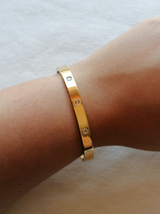 Pulseira de Aço Dourado Rígida com Brilhantes