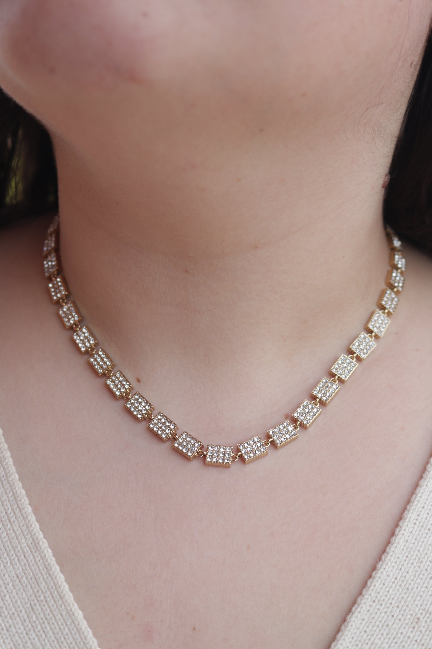 Colar de Aço Dourado de Inspiração Swarovski de Retângulos com Brilhantes