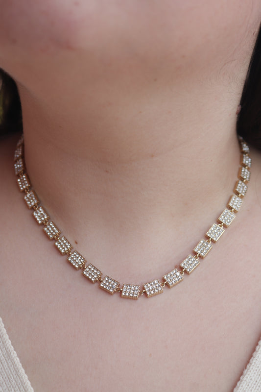 Colar de Aço Dourado de Inspiração Swarovski de Retângulos com Brilhantes