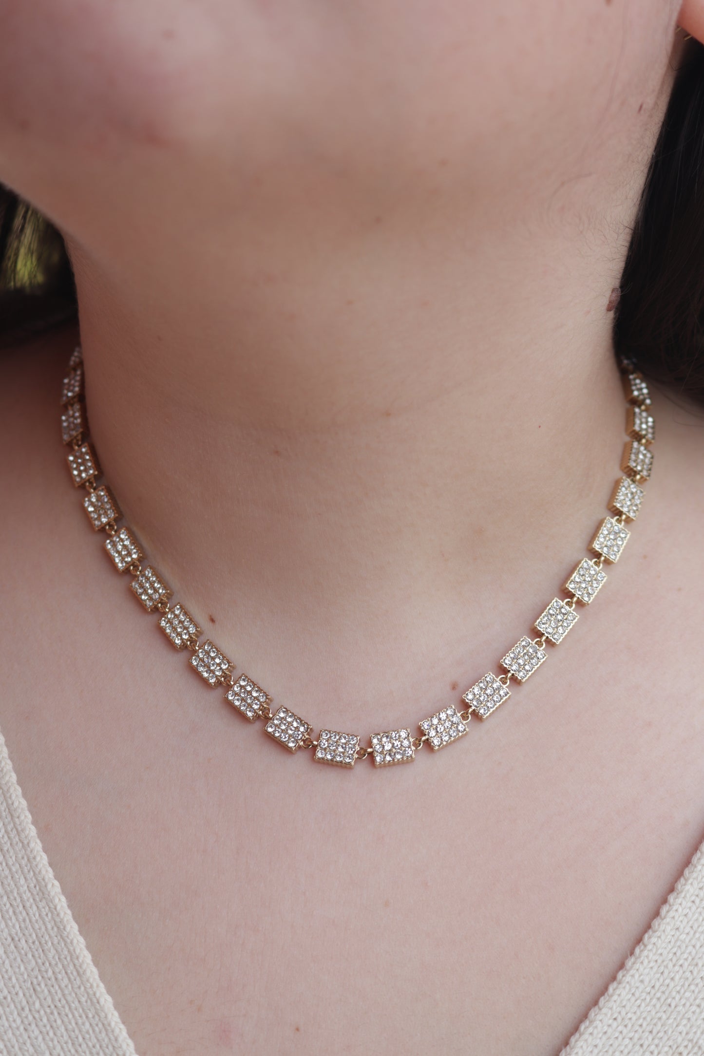 Colar de Aço Dourado de Inspiração Swarovski de Retângulos com Brilhantes