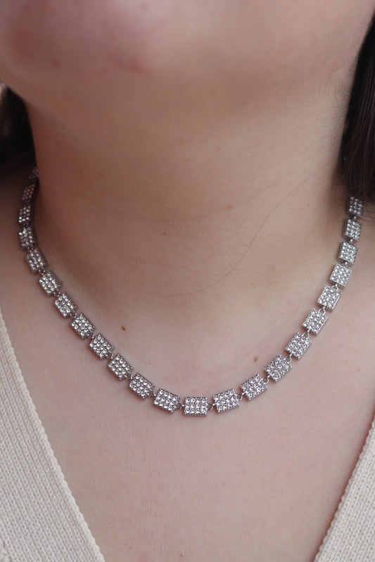 Colar de Aço Prateado de Inspiração Swarovski de Retângulos com Brilhantes