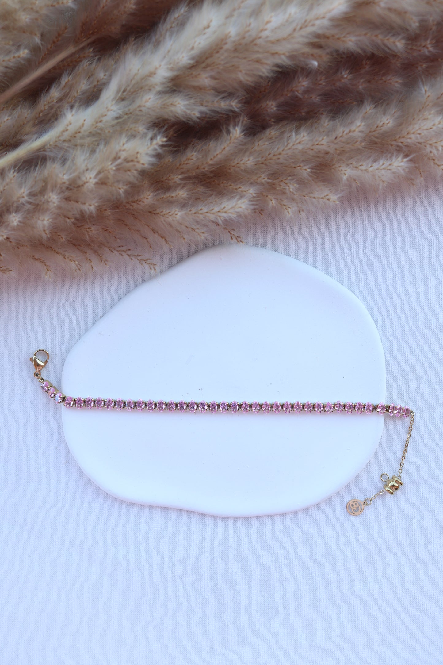 Pulseira de Aço Dourado Inspiração Swarovski com Zircônias Rosa