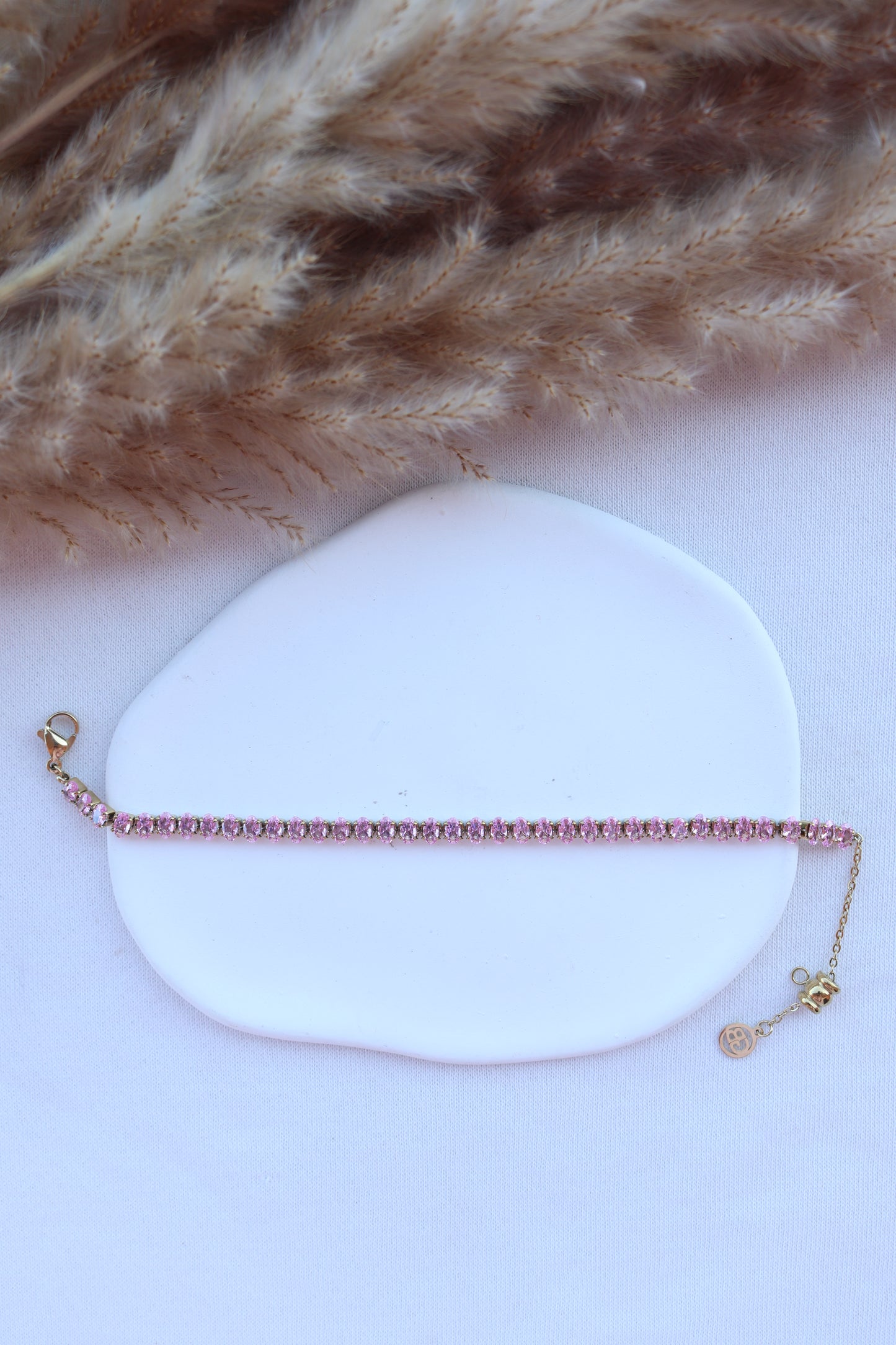 Pulseira de Aço Dourado Inspiração Swarovski com Zircônias Rosa