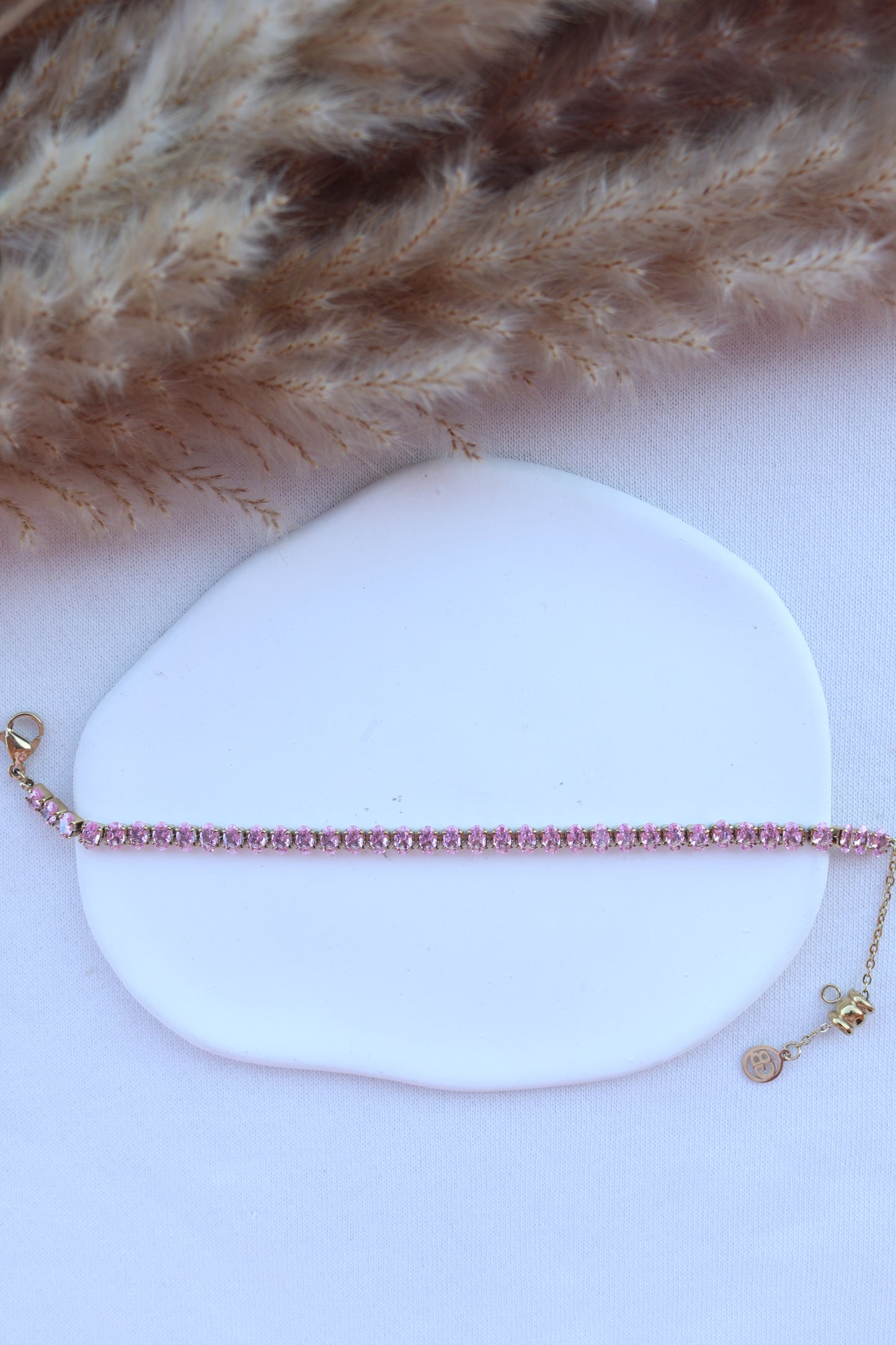 Pulseira de Aço Dourado Inspiração Swarovski com Zircônias Rosa