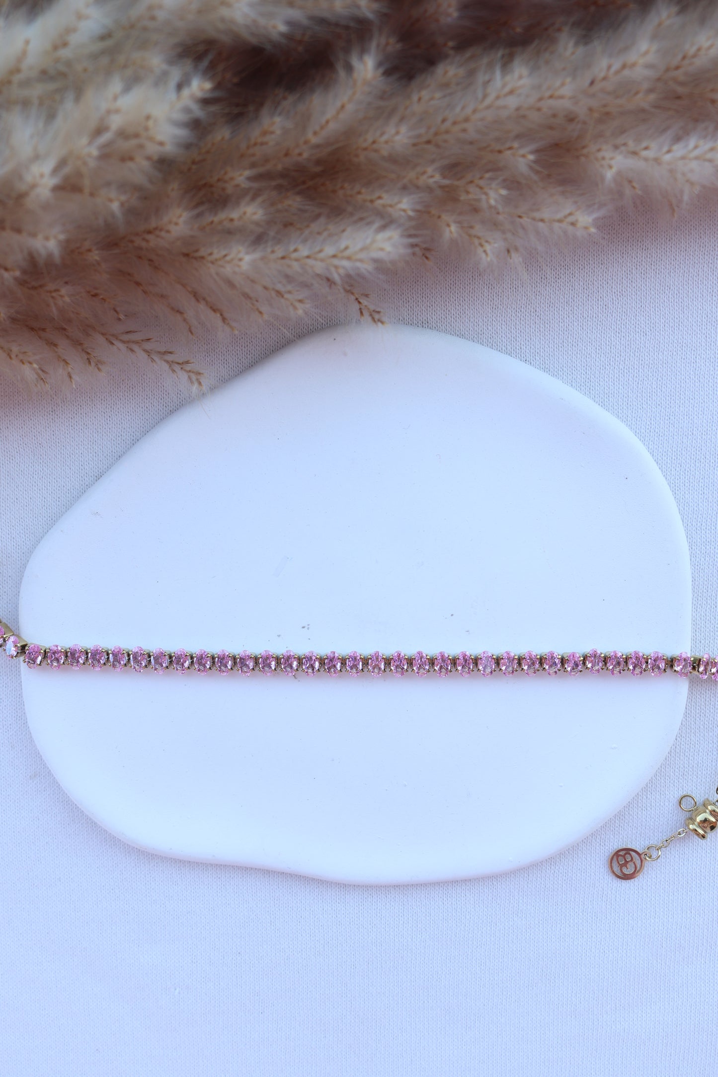 Pulseira de Aço Dourado Inspiração Swarovski com Zircônias Rosa