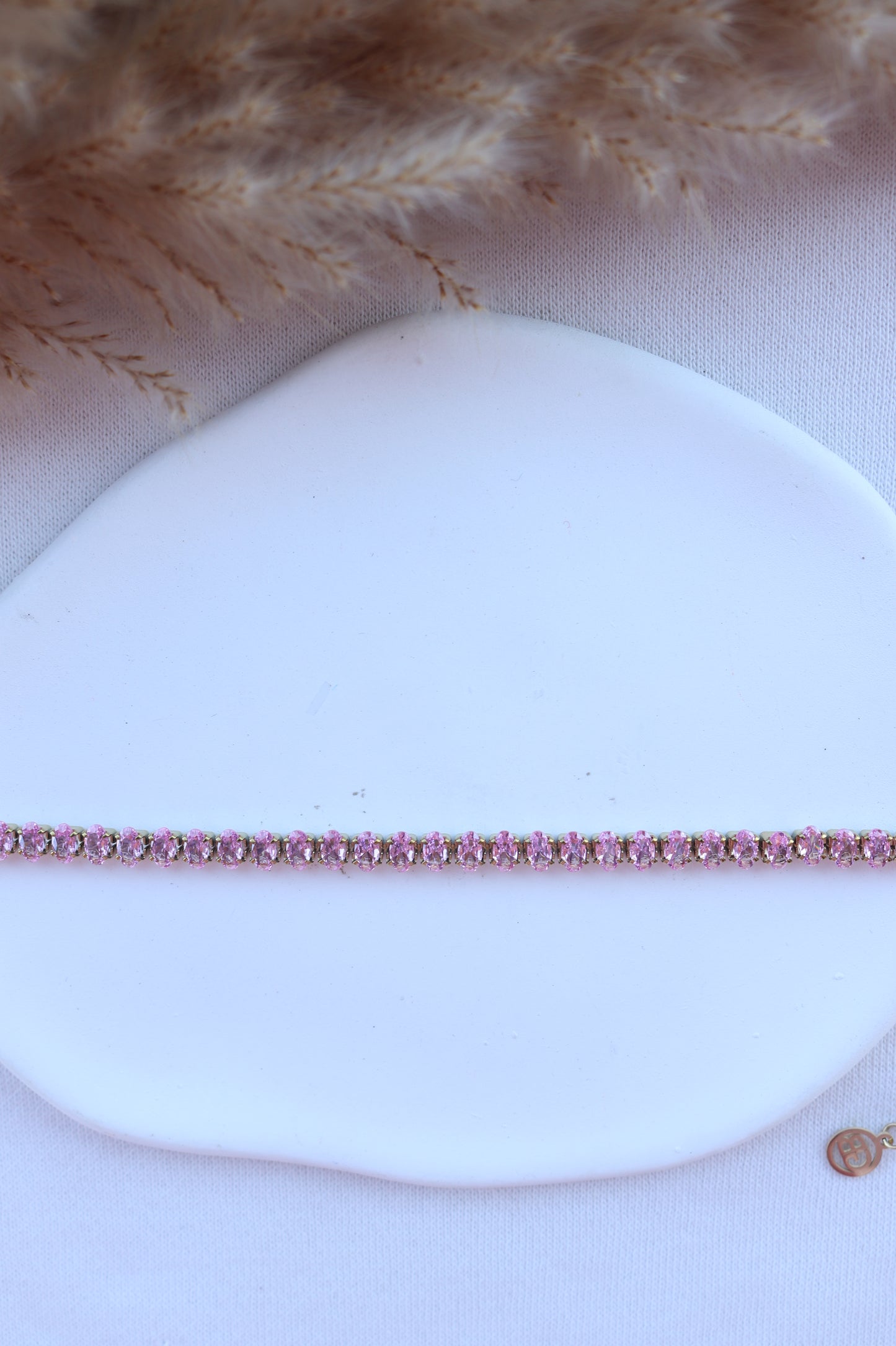 Pulseira de Aço Dourado Inspiração Swarovski com Zircônias Rosa