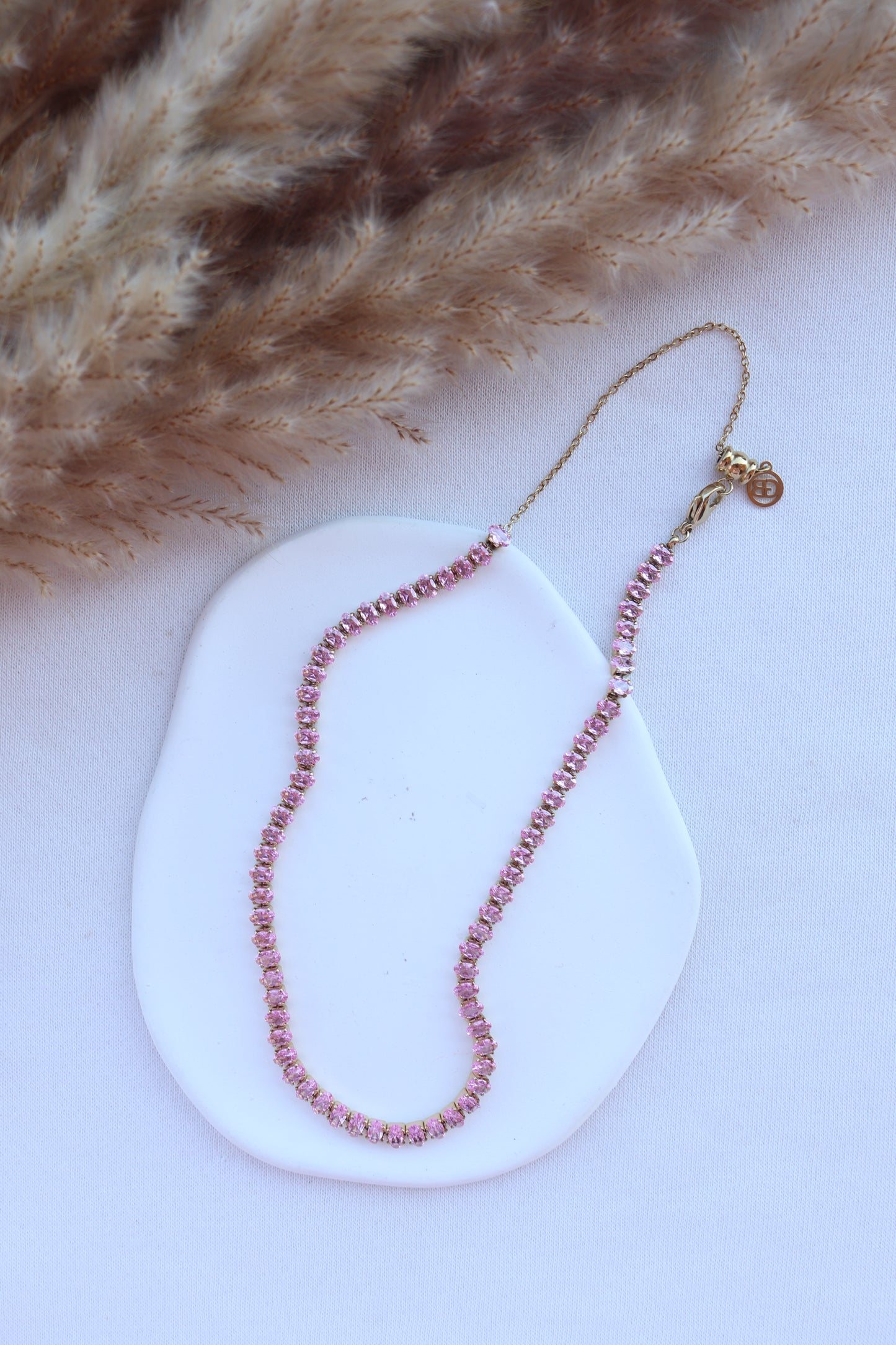 Colar de Aço Dourado Inspiração Swarovski com Zircônias Rosa