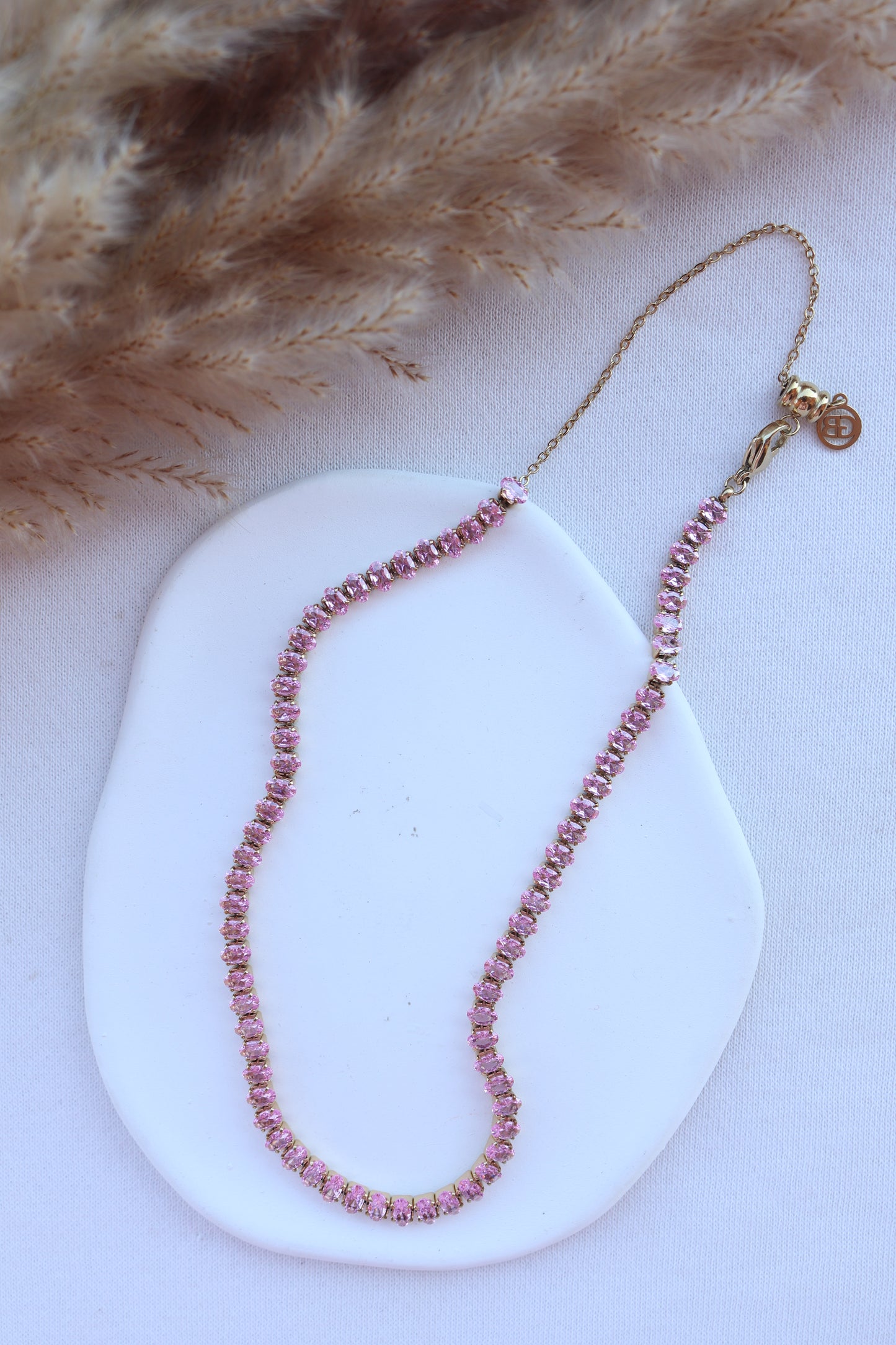 Colar de Aço Dourado Inspiração Swarovski com Zircônias Rosa
