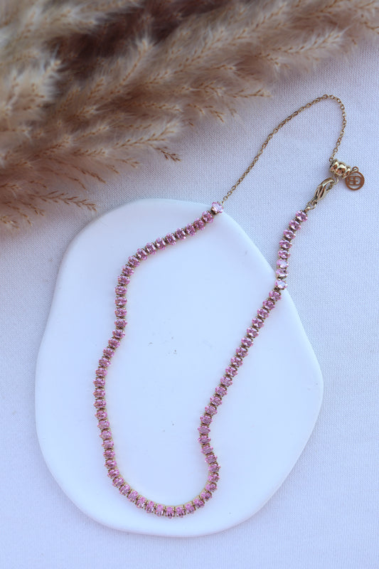 Colar de Aço Dourado Inspiração Swarovski com Zircônias Rosa