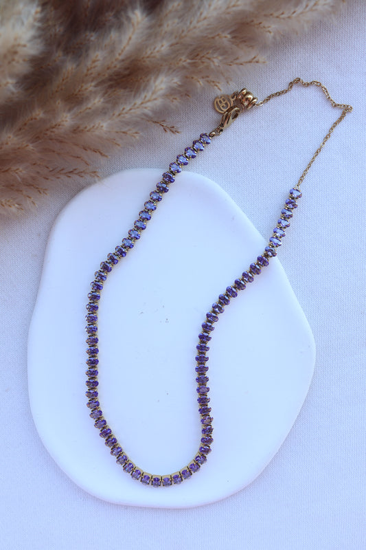 Colar de Aço Dourado Inspiração Swarovski com Zircônias Roxas