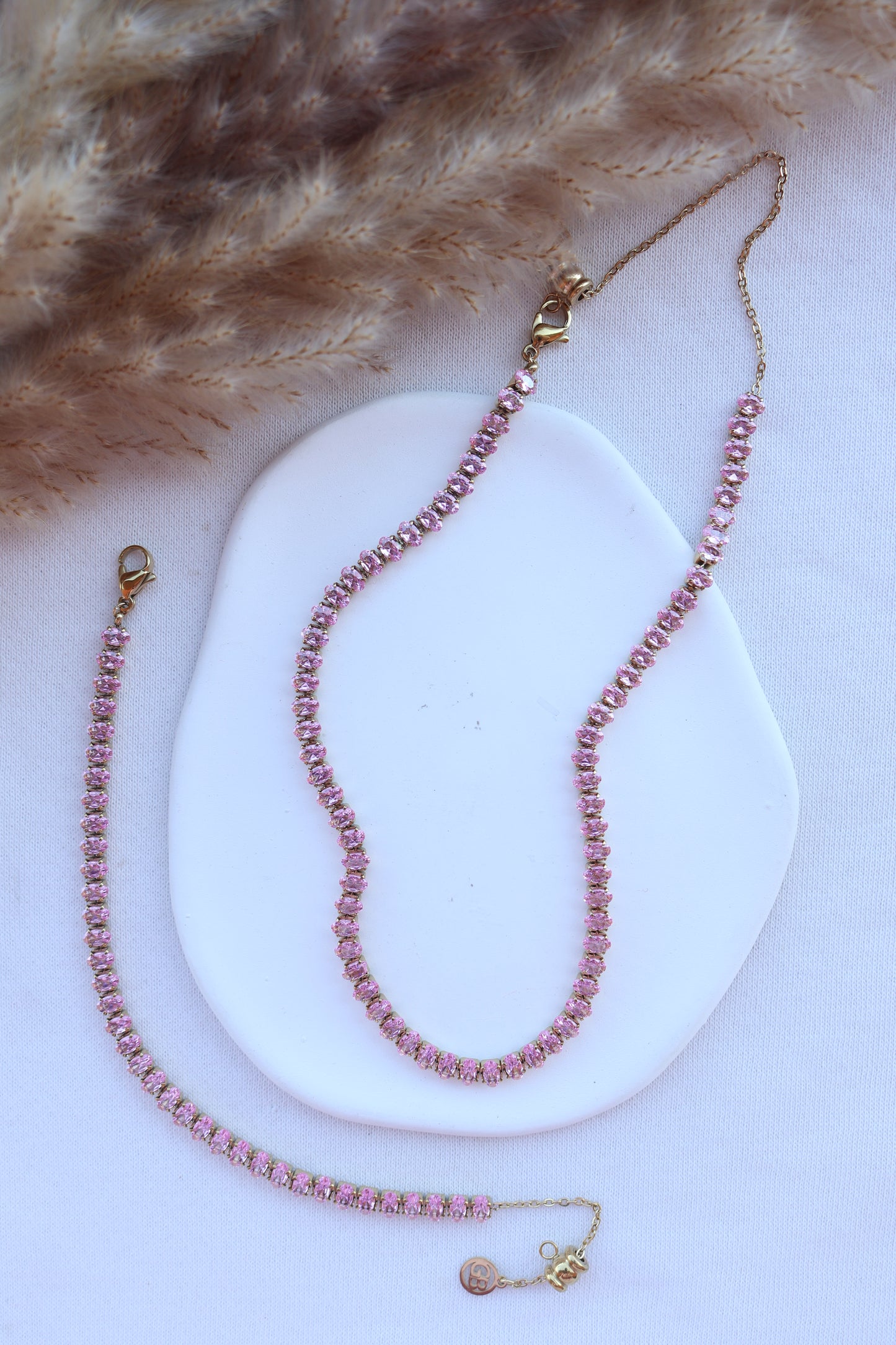 Conjunto de Aço Dourado Inspiração Swarovski com Zircônias Rosa