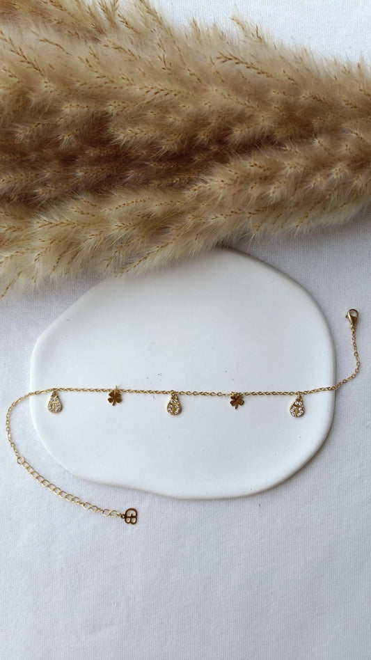 Pulseira de Aço Dourado de Pé de Joaninhas com Brilhantes