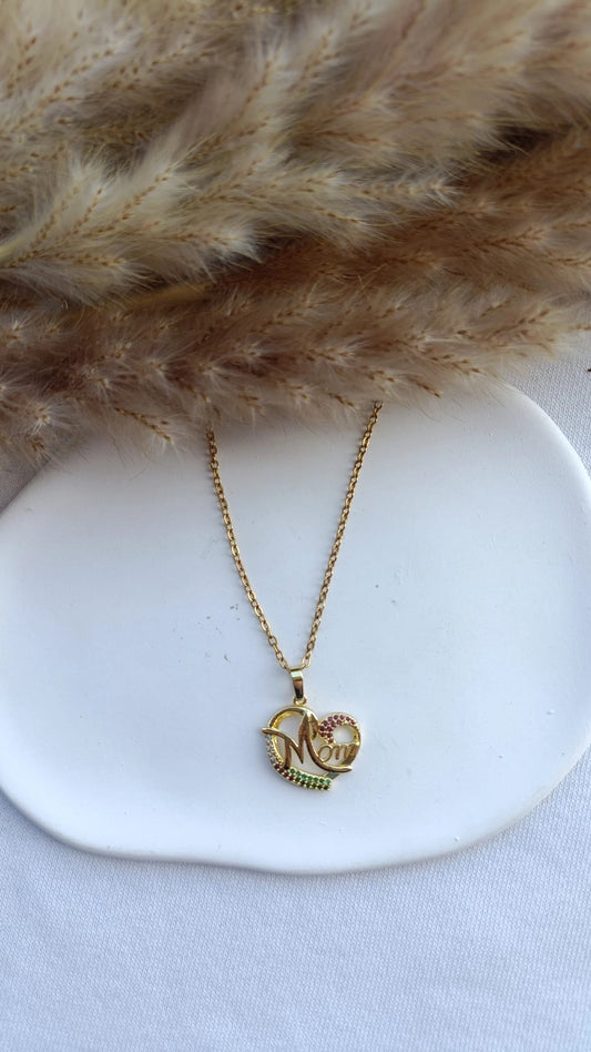 Colar de Aço Dourado de Coração Irregular Mom com Brilhantes Coloridos