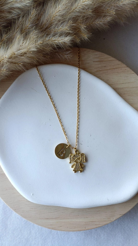 Colar de Aço Dourado de Menina com Brilhantes + Inicial
