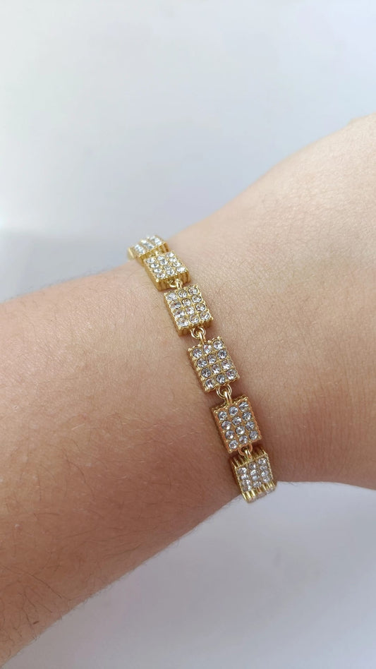 Pulseira de Aço Dourado de Inspiração Swarovski de Retângulos com Brilhantes