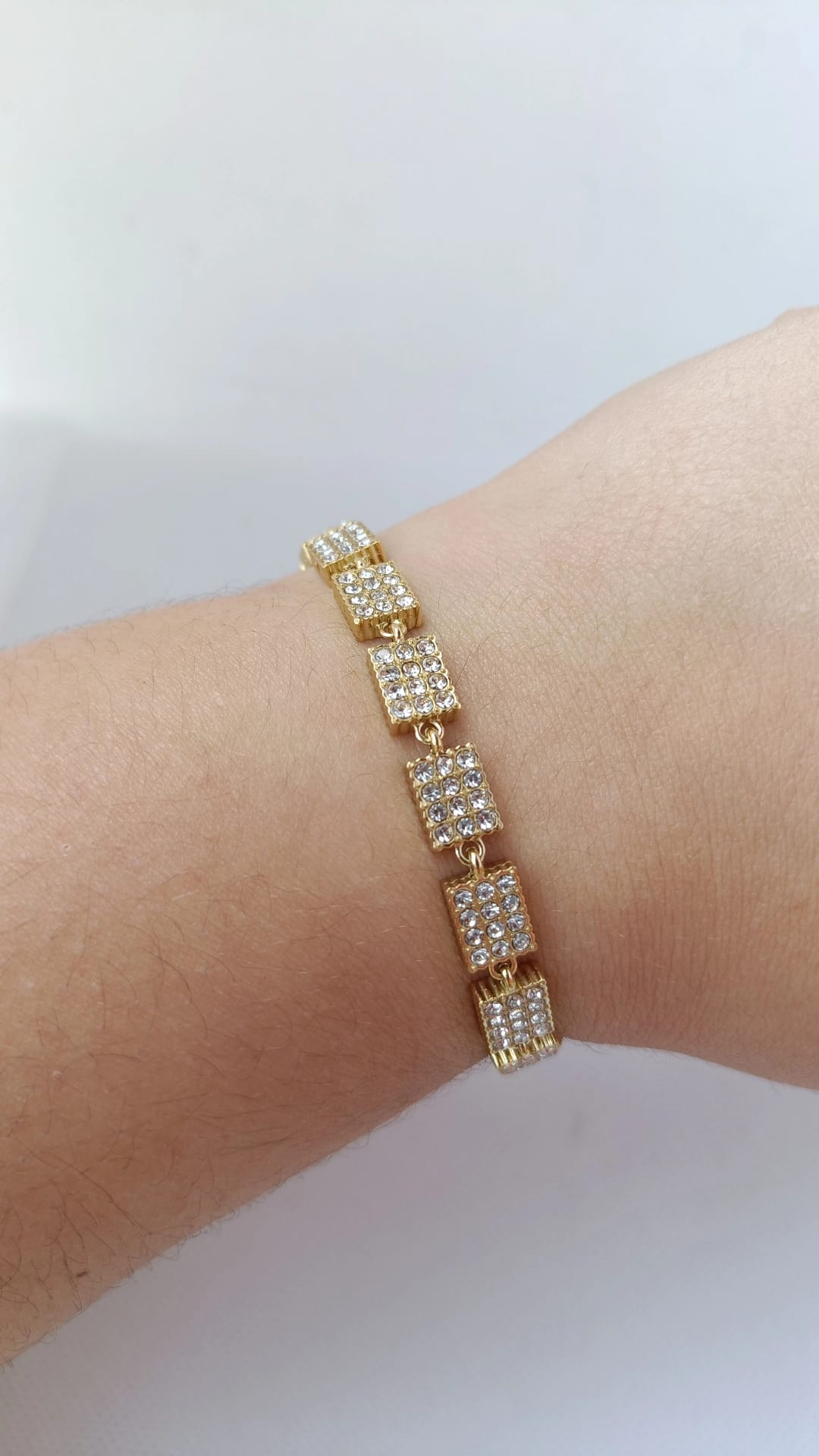 Pulseira de Aço Dourado de Inspiração Swarovski de Retângulos com Brilhantes