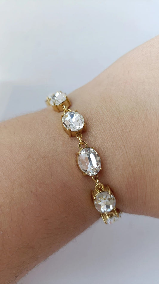 Pulseira de Aço Dourado com Zircônias Ovais