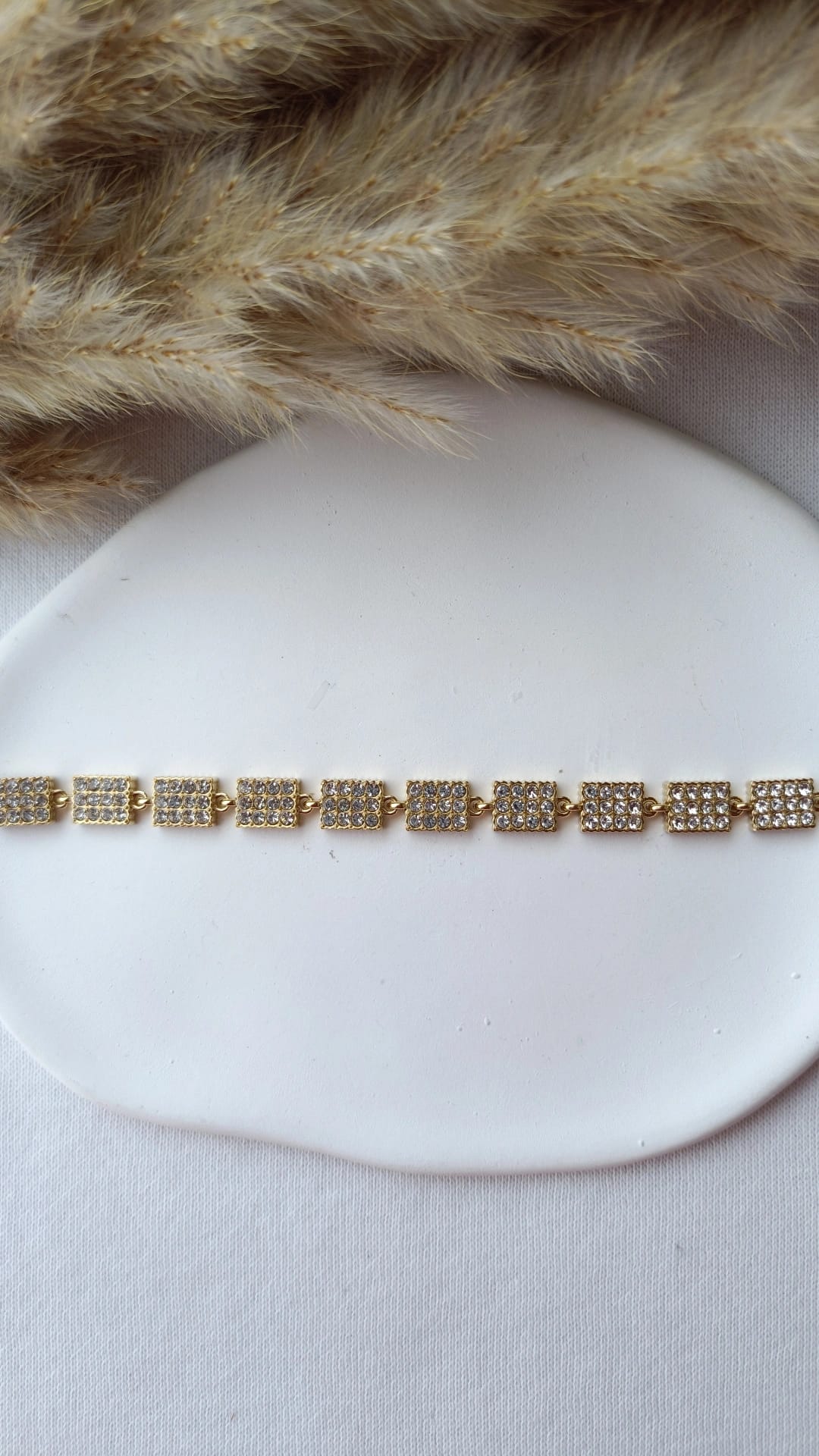 Pulseira de Aço Dourado de Inspiração Swarovski de Retângulos com Brilhantes