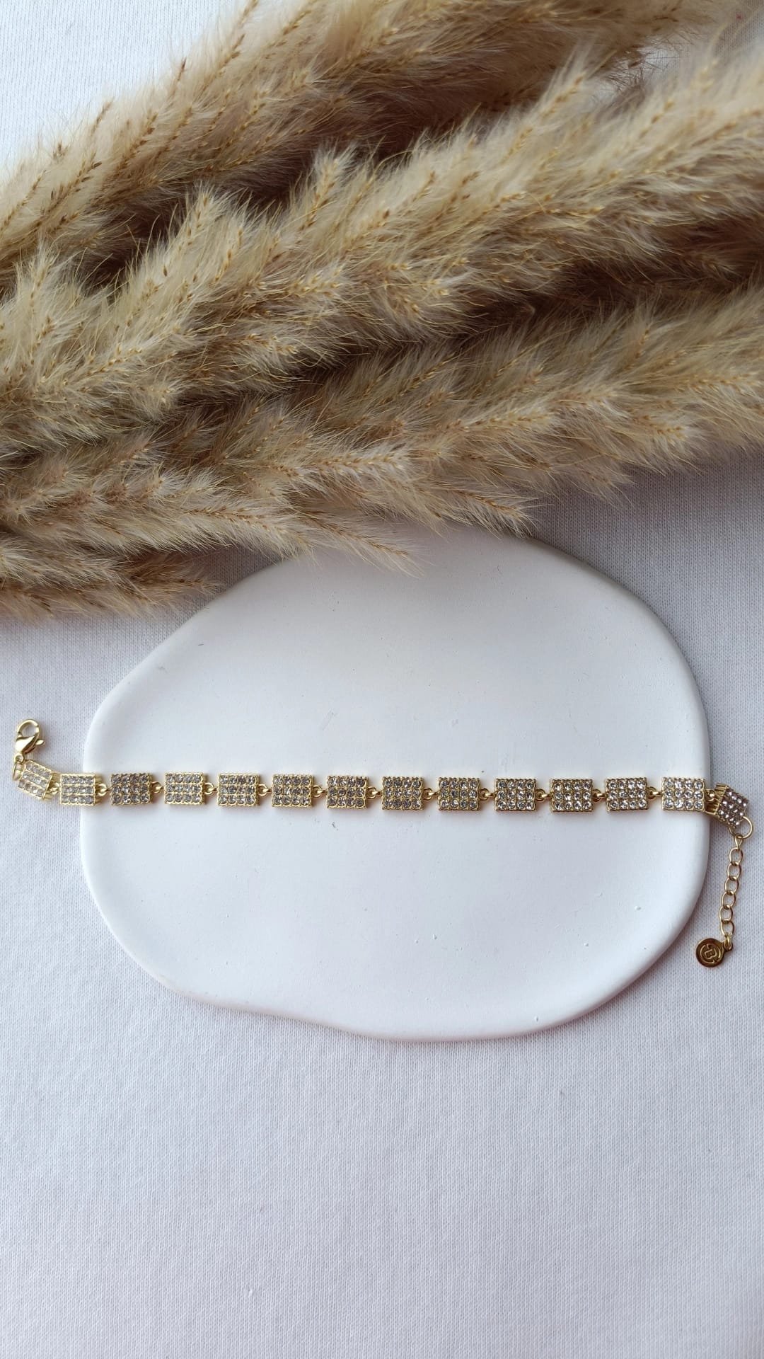 Pulseira de Aço Dourado de Inspiração Swarovski de Retângulos com Brilhantes