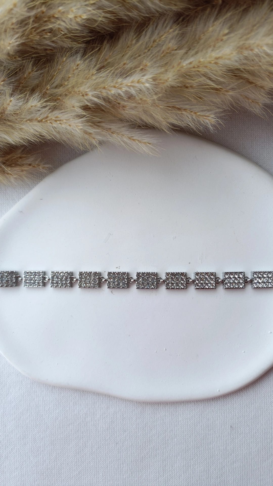 Pulseira de Aço Prateado de Inspiração Swarovski de Retângulos com Brilhantes