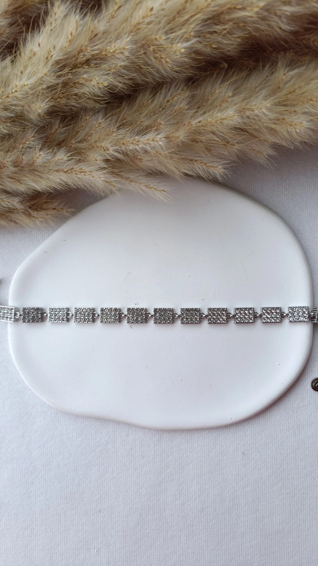 Pulseira de Aço Prateado de Inspiração Swarovski de Retângulos com Brilhantes