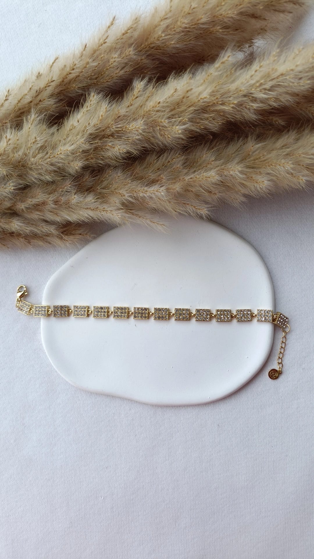 Pulseira de Aço Dourado de Inspiração Swarovski de Retângulos com Brilhantes