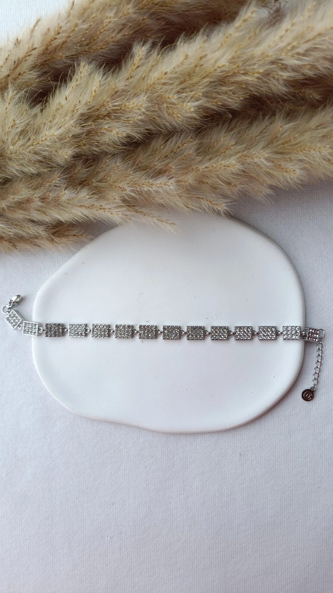 Pulseira de Aço Prateado de Inspiração Swarovski de Retângulos com Brilhantes