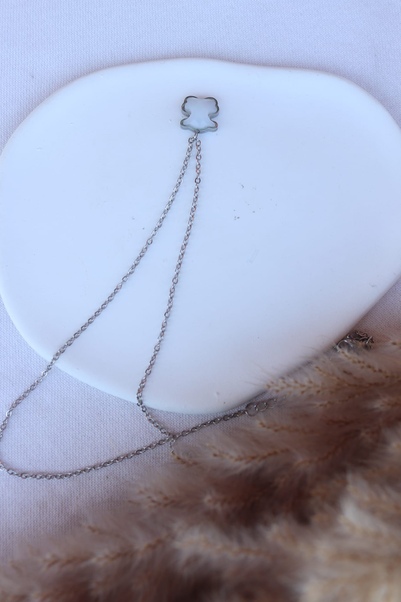 Colar de Aço Prateado de Urso Branco Madrepérola Inspiração Tous