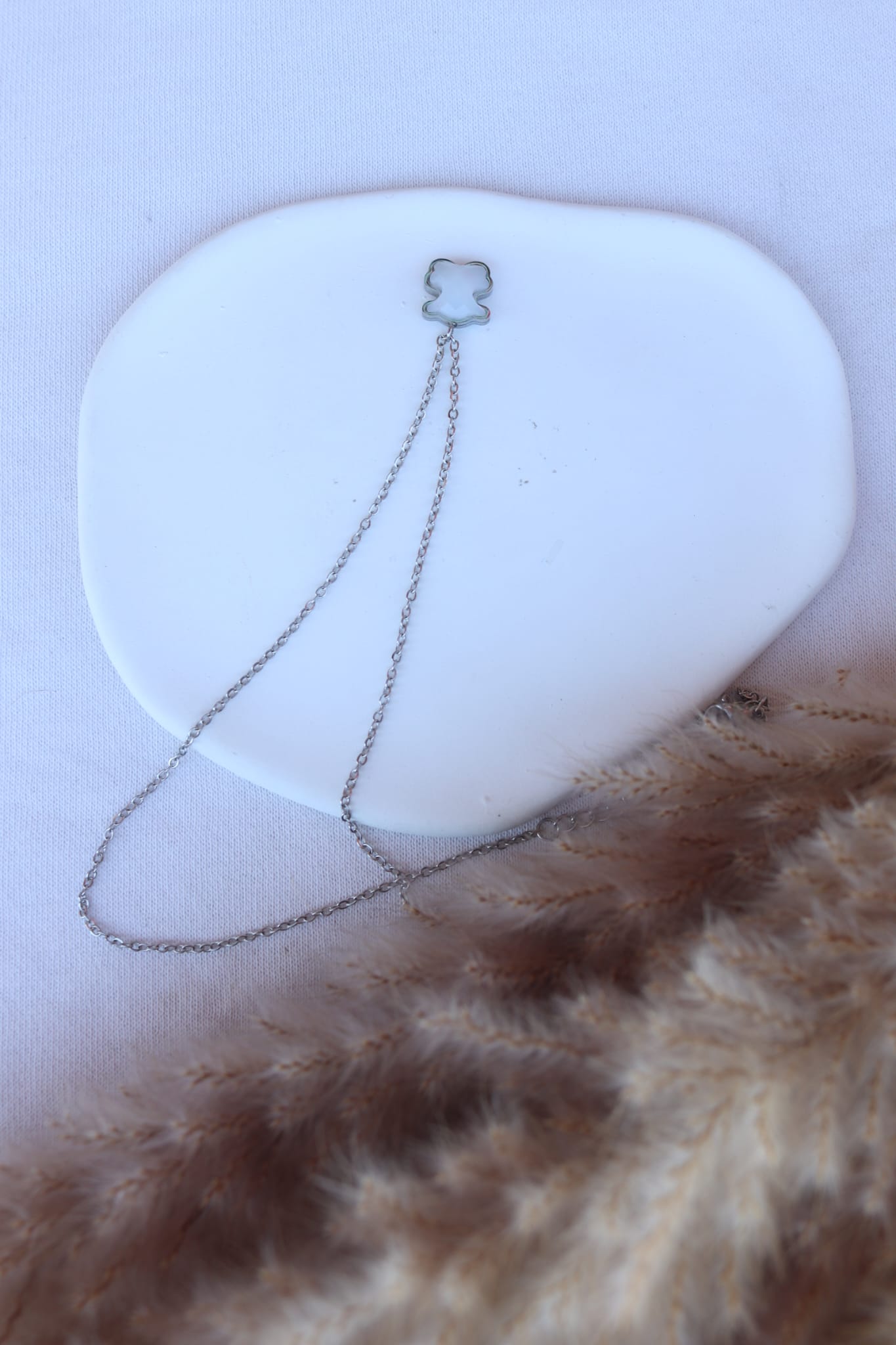 Colar de Aço Prateado de Urso Branco Madrepérola Inspiração Tous