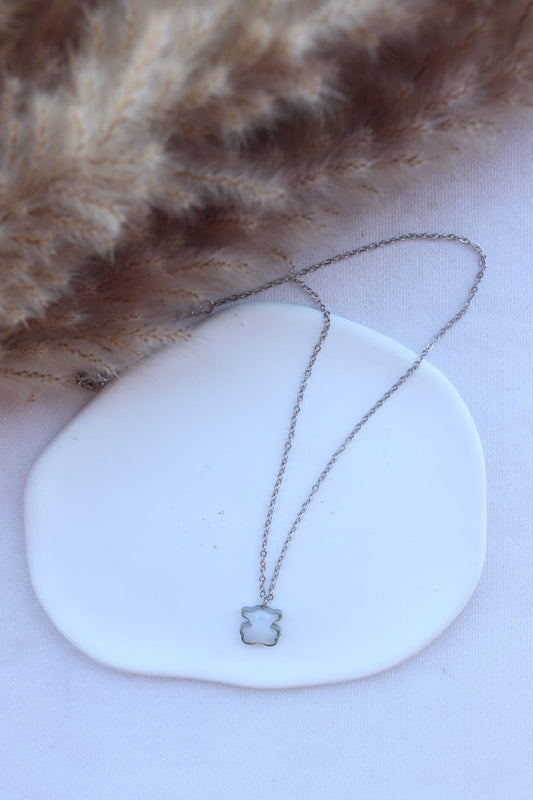 Colar de Aço Prateado de Urso Branco Madrepérola Inspiração Tous