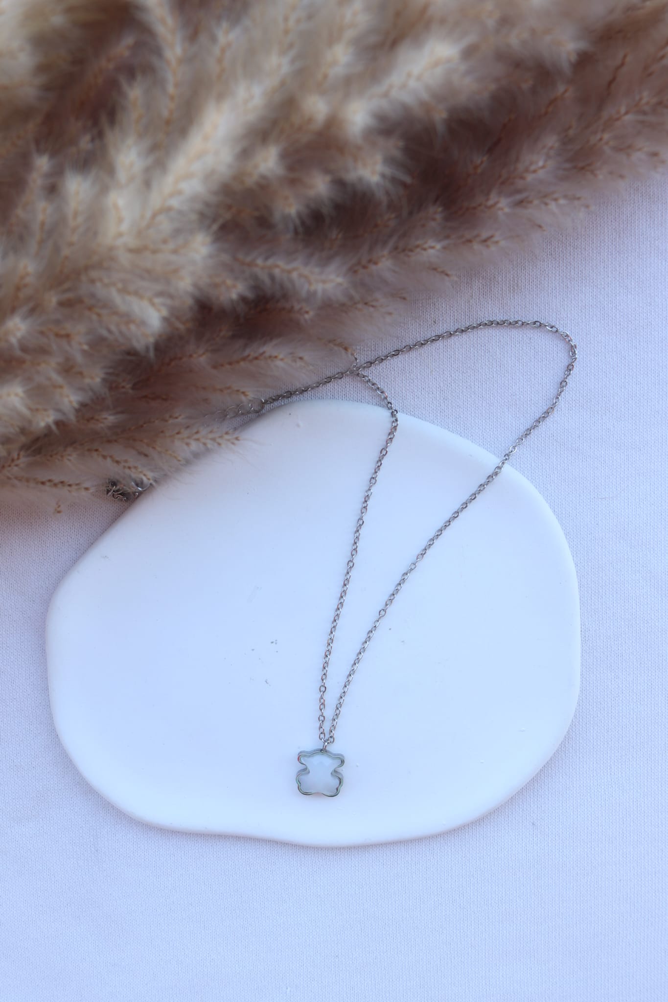 Colar de Aço Prateado de Urso Branco Madrepérola Inspiração Tous