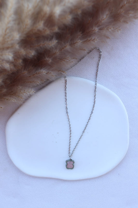 Colar de Aço Prateado de Urso Pequeno Rosa Inspiração Tous