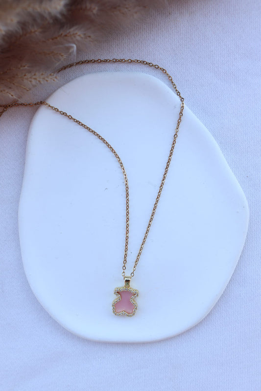 Colar de Aço Dourado de Urso Rosa com Brilhantes Inspiração Tous