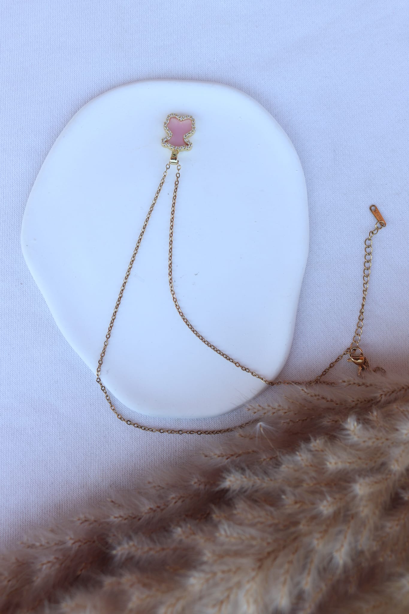 Colar de Aço Dourado de Urso Rosa com Brilhantes Inspiração Tous