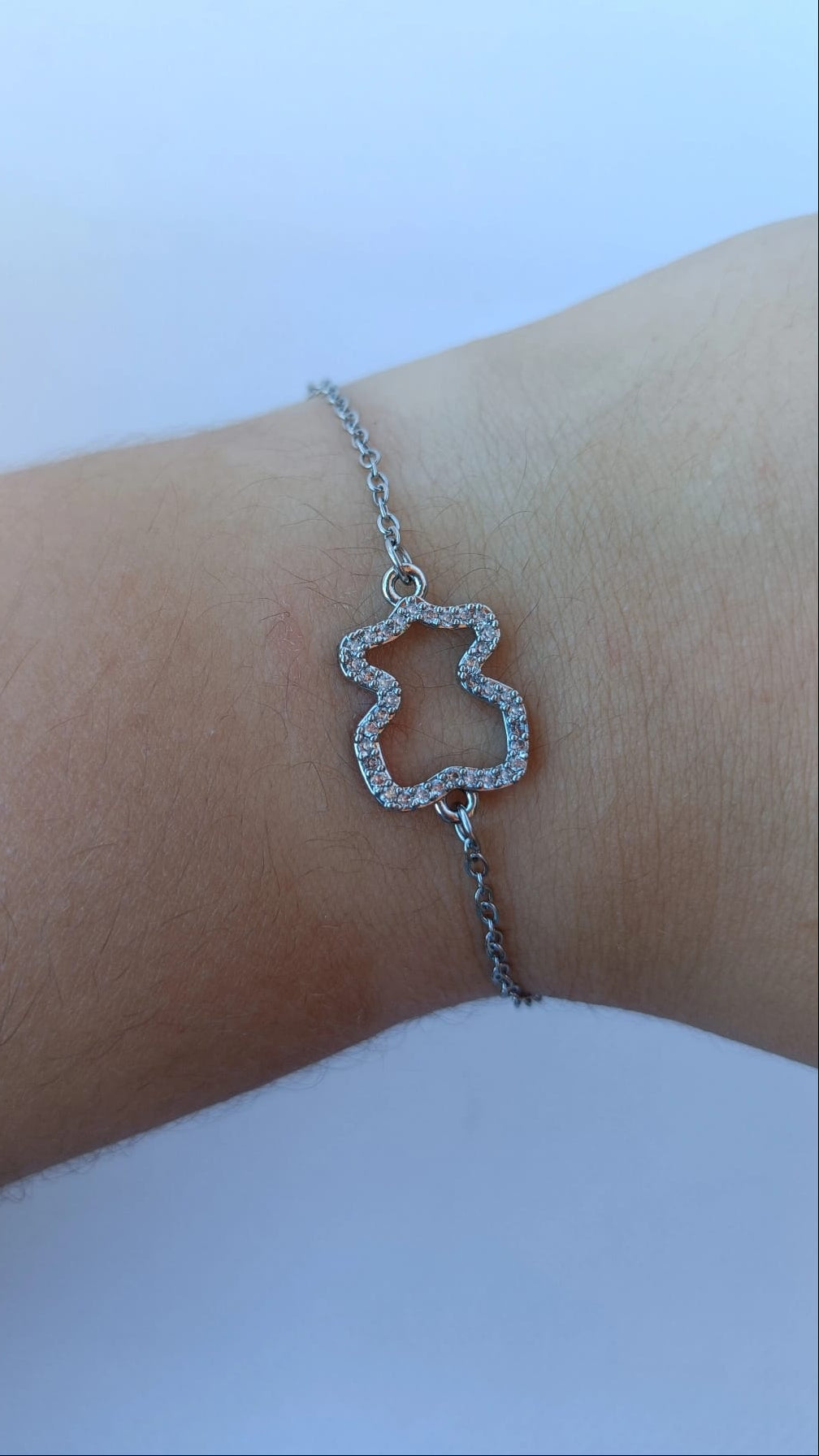 Pulseira de Aço Prateado de Urso com Brilhantes
