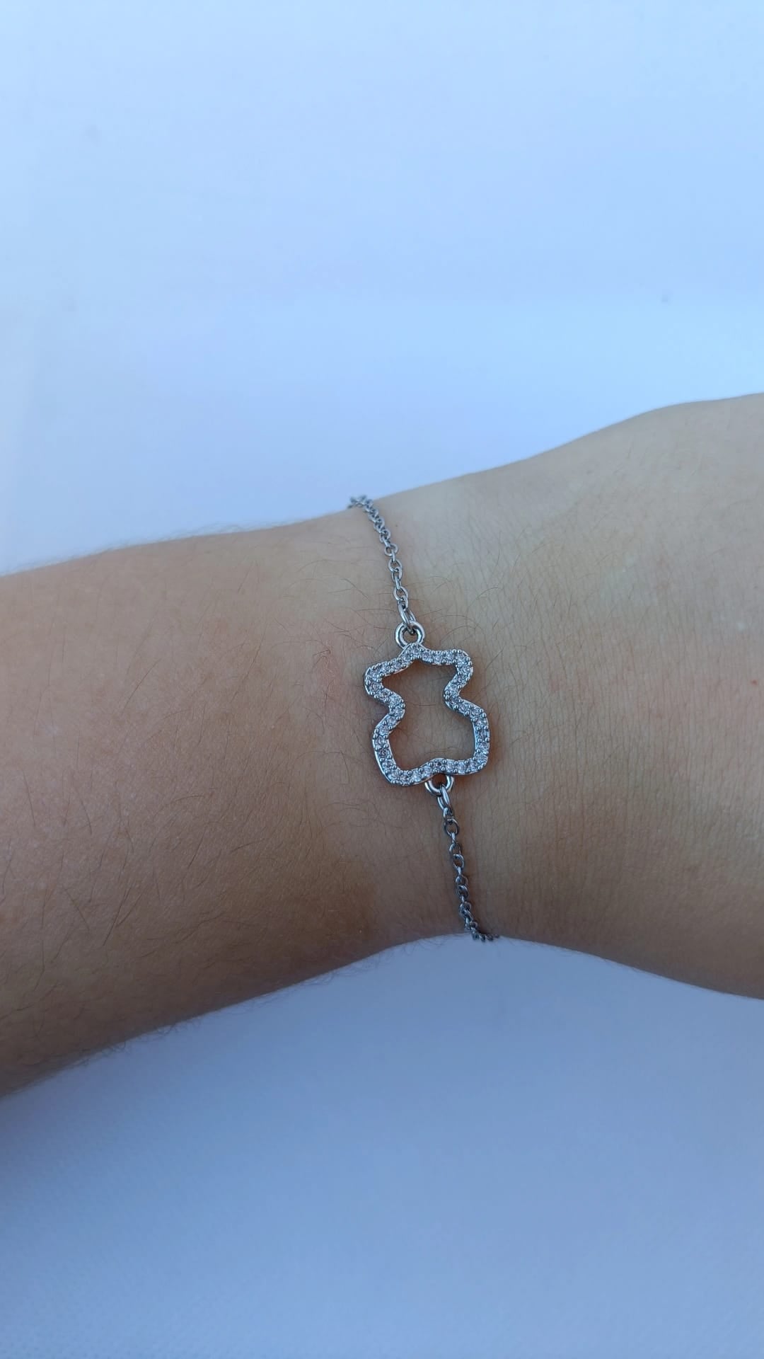 Pulseira de Aço Prateado de Urso com Brilhantes