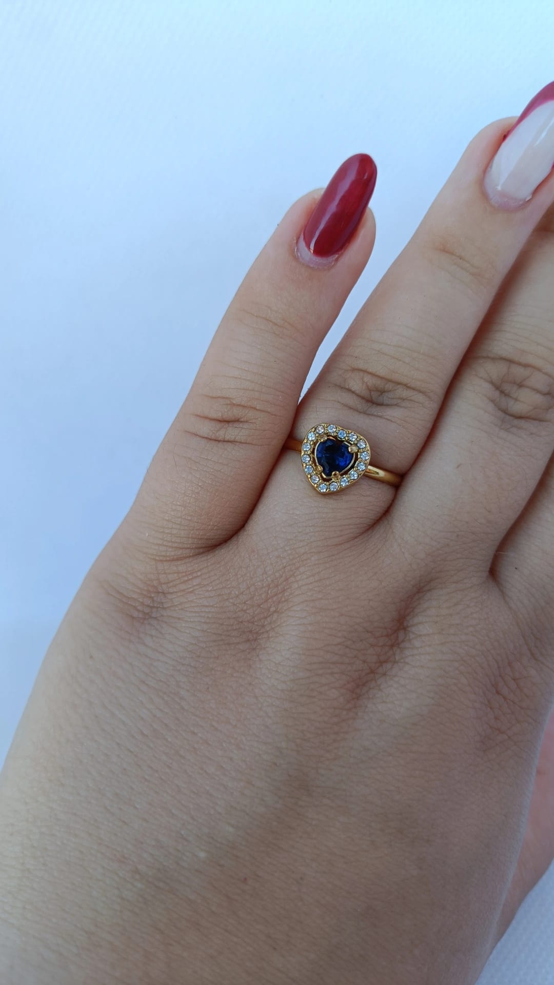 Anel de Aço Dourado de Coração Azul Inspiração Swarovski