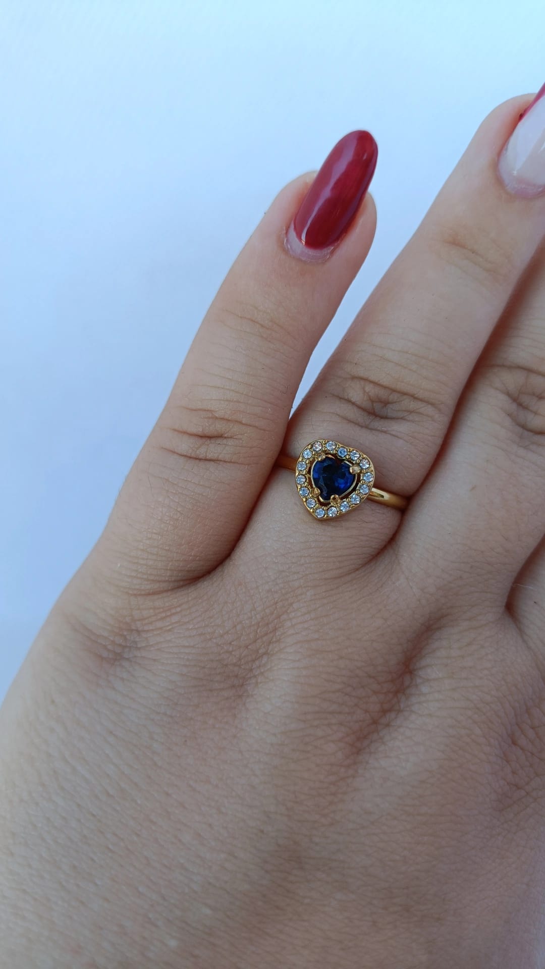 Anel de Aço Dourado de Coração Azul Inspiração Swarovski