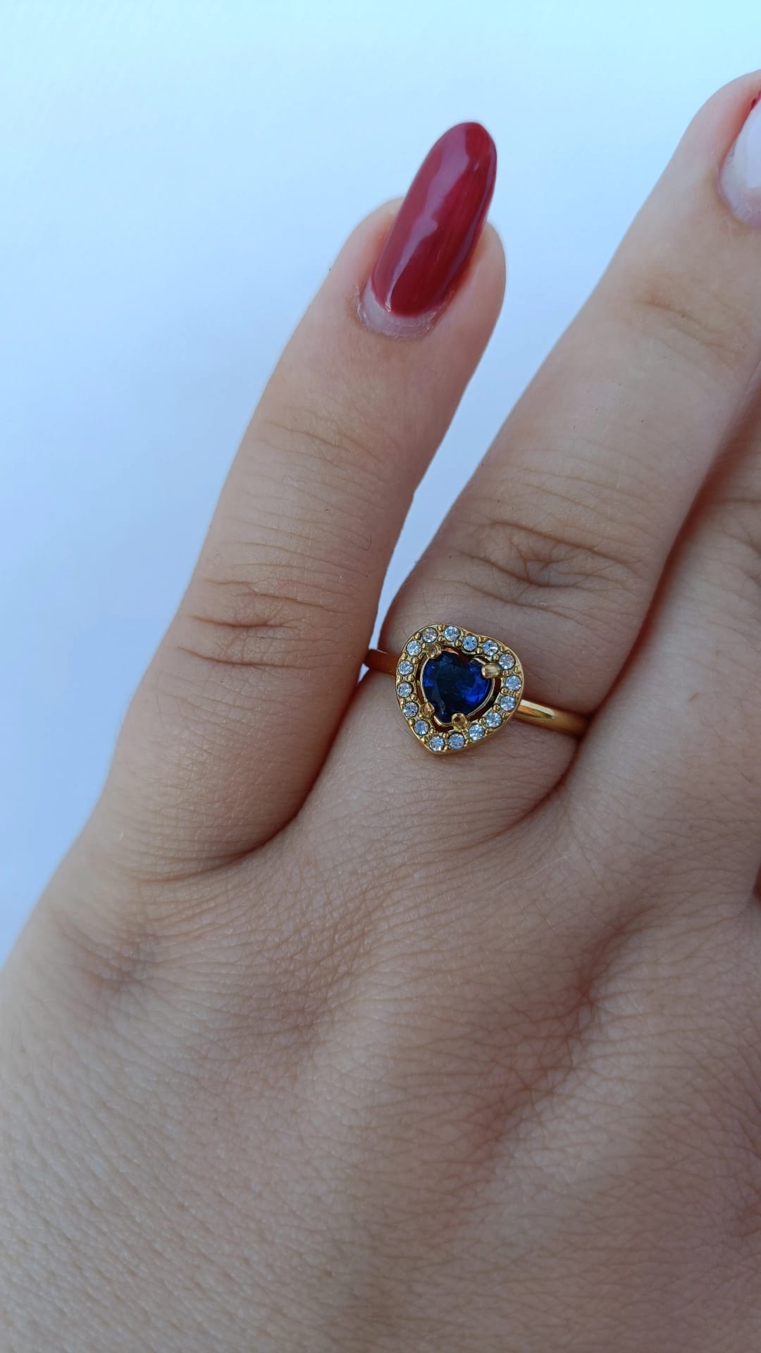 Anel de Aço Dourado de Coração Azul Inspiração Swarovski