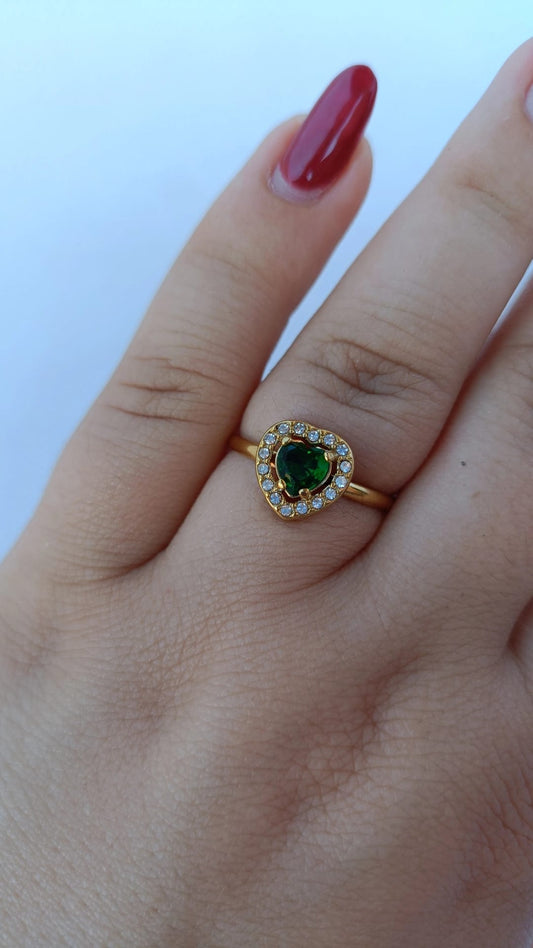 Anel de Aço Dourado de Coração Verde Inspiração Swarovski