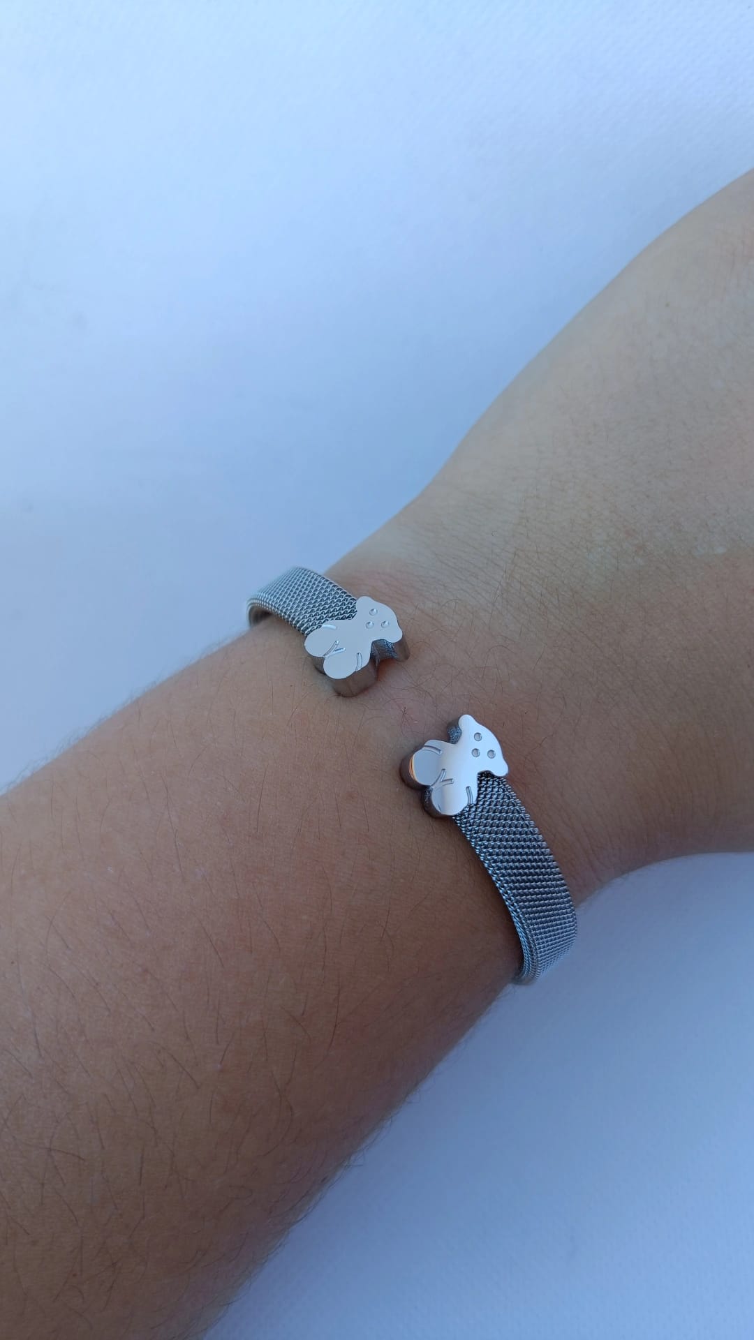 Pulseira de Aço Prateado Rígida de 2 Ursos