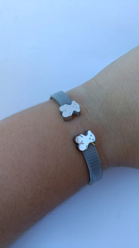 Pulseira de Aço Prateado Rígida de 2 Ursos Inspiração Tous