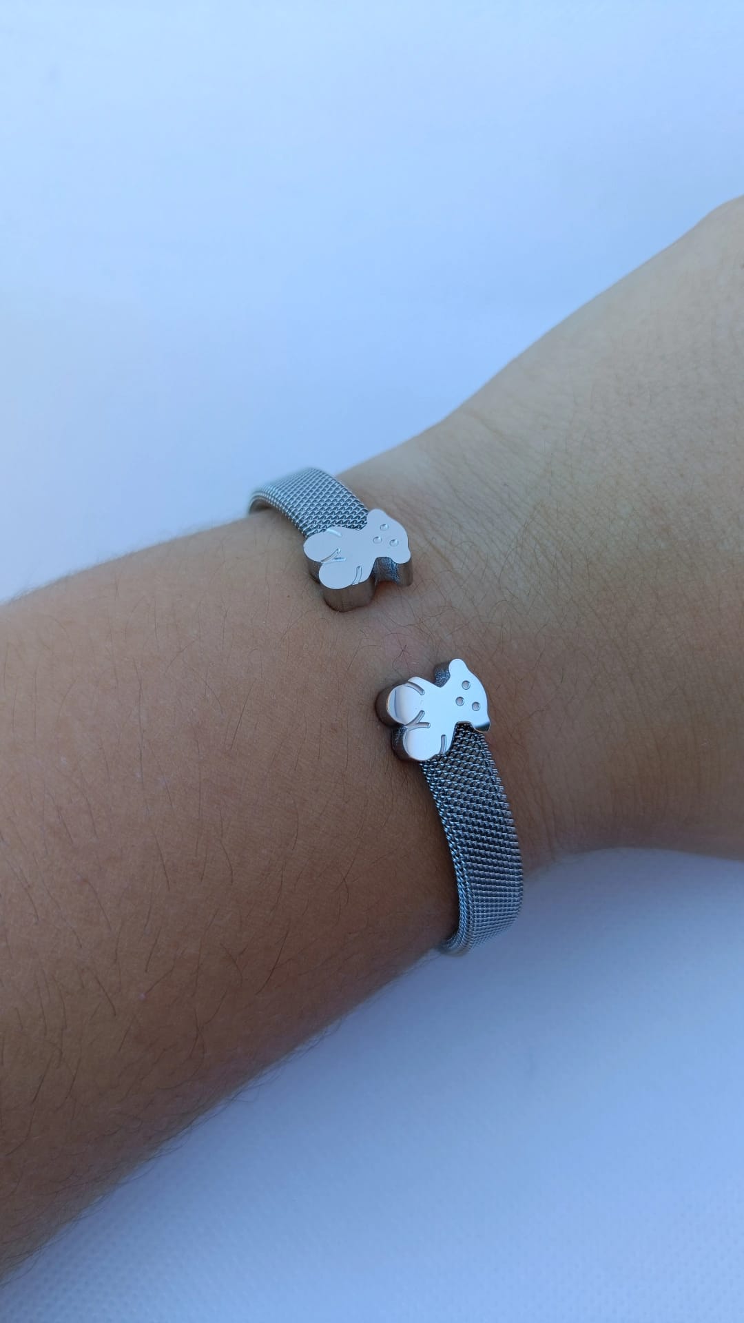 Pulseira de Aço Prateado Rígida de 2 Ursos
